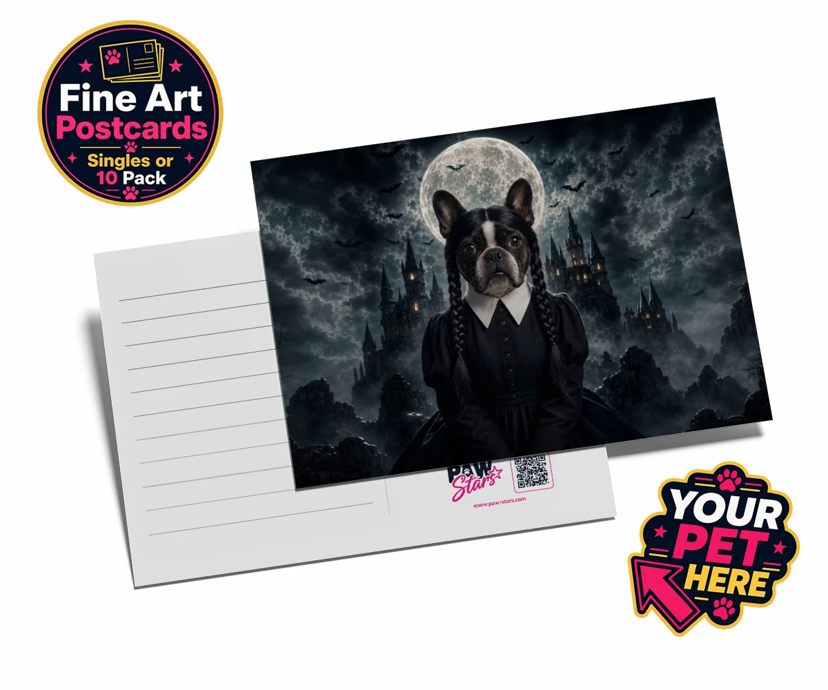 Personalised Gothic Paw Girl dog postcards featuring a stunning portrait that captures your beloved pooch in a delightfully