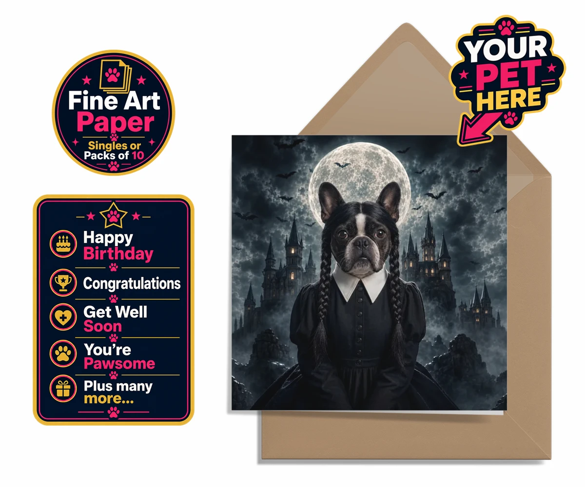 Personalised Gothic Paw Girl dog premium greetings cards featuring a stunning portrait that captures your beloved pooch in a delightfully