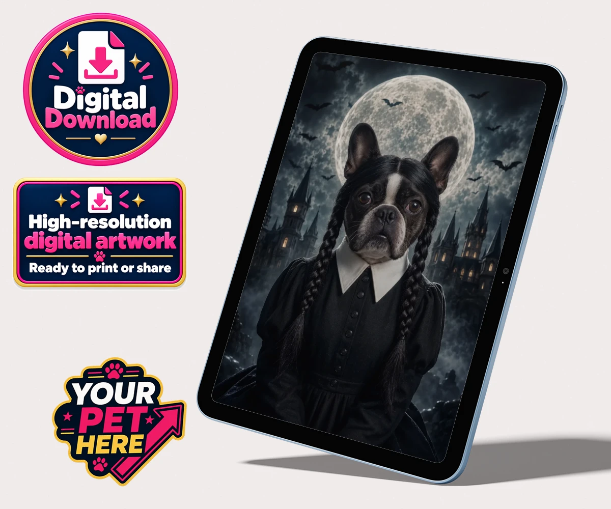 Personalised digital portrait of the Gothic Paw Girl, a dog dressed in a black dress with a white collar, set against a full moon and castle ruins.