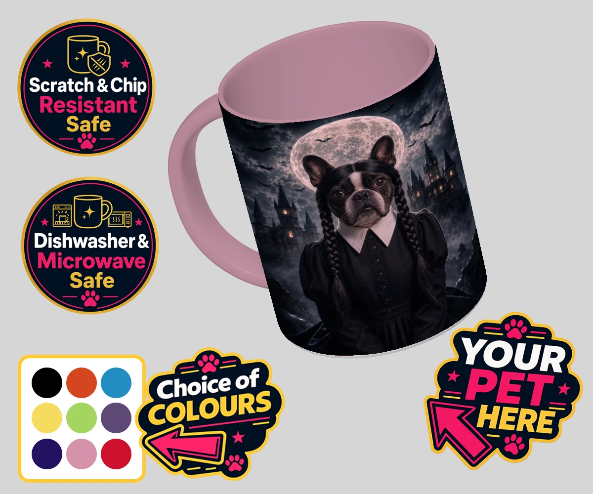 Personalised Gothic Paw Girl dog coloured photo mugs featuring a stunning portrait that captures your beloved pooch in a delightfully
