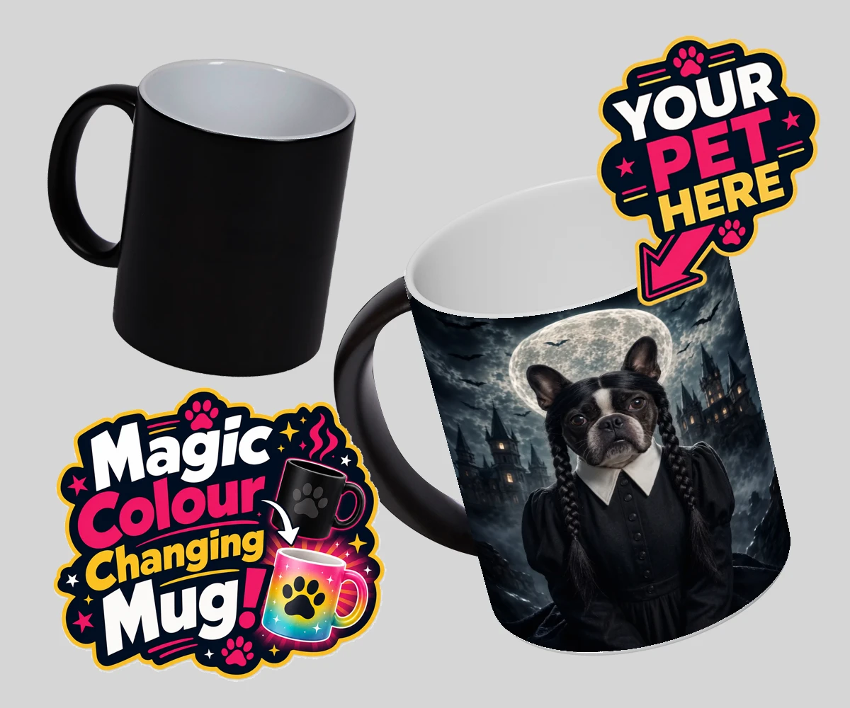 Personalised Gothic Paw Girl dog magic photo mugs featuring a stunning portrait that captures your beloved pooch in a delightfully