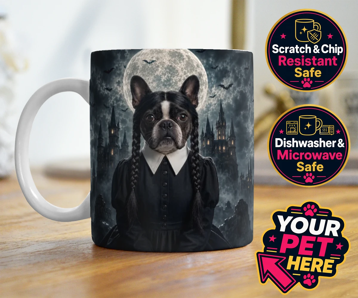 Personalised Gothic Paw Girl dog photo mugs featuring a stunning portrait that captures your beloved pooch in a delightfully