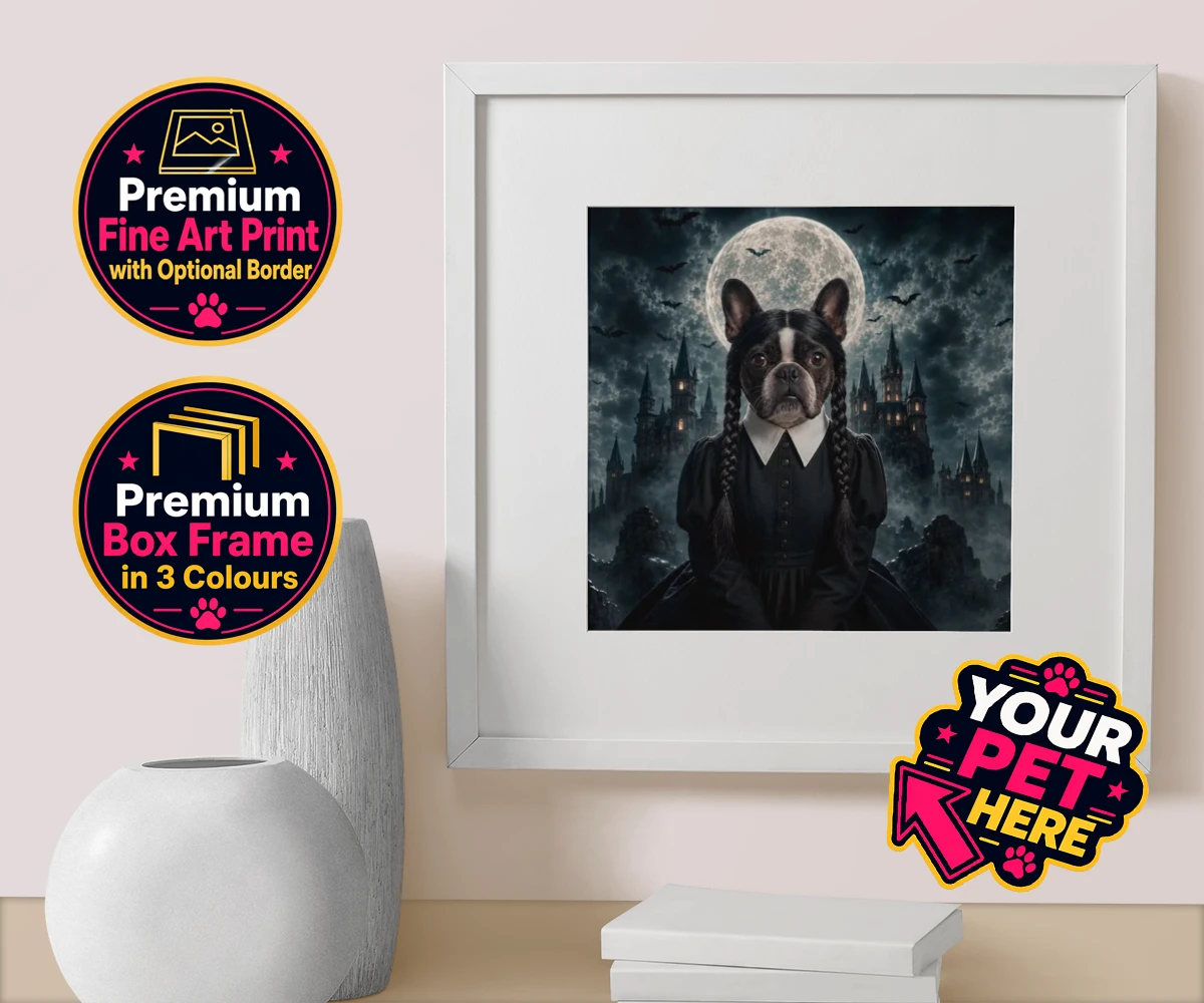 Personalised Gothic Paw Girl dog box framed print featuring a stunning portrait that captures your beloved pooch in a delightfully