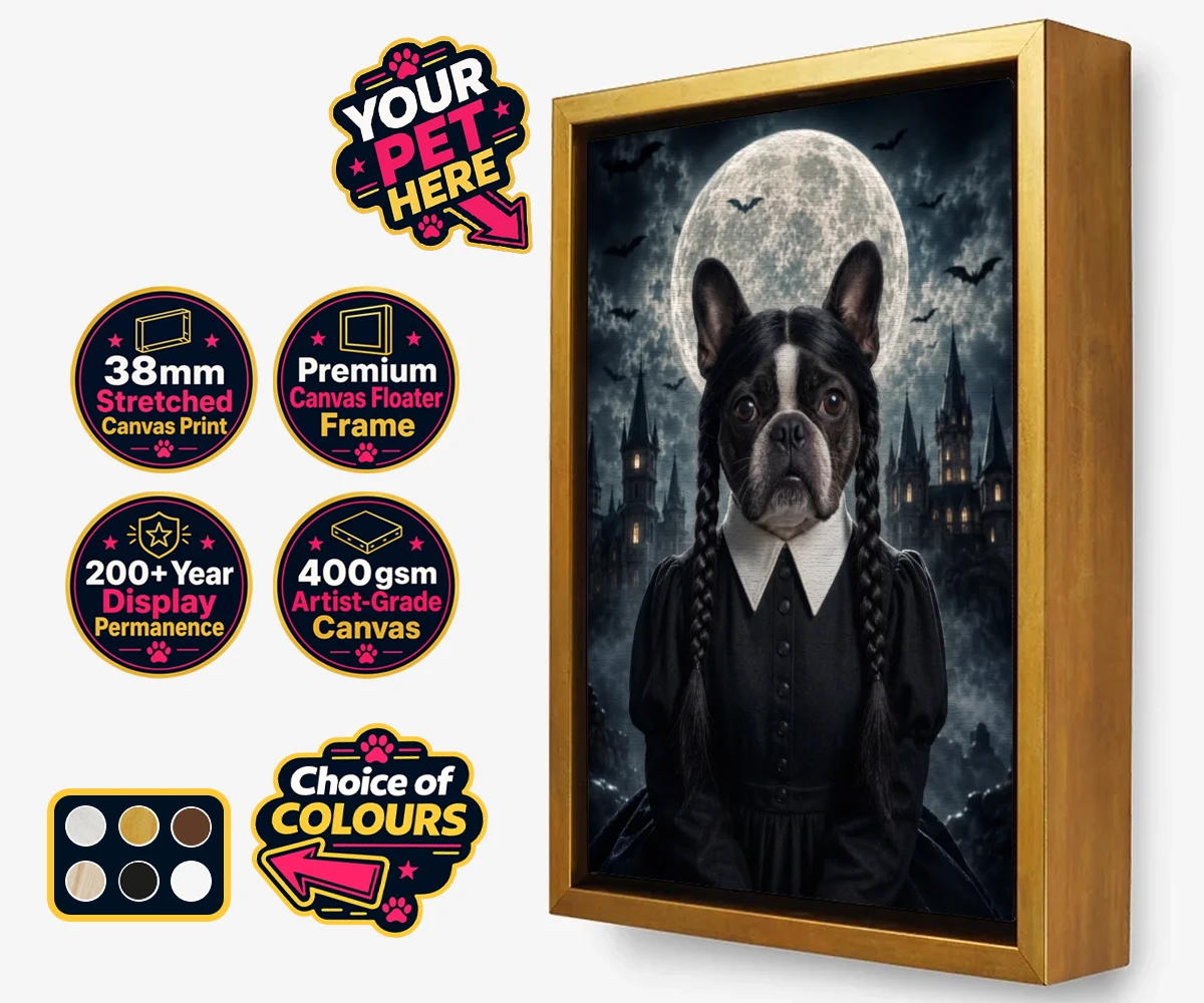 Personalised Gothic Paw Girl dog framed canvas print featuring a stunning portrait that captures your beloved pooch in a delightfully