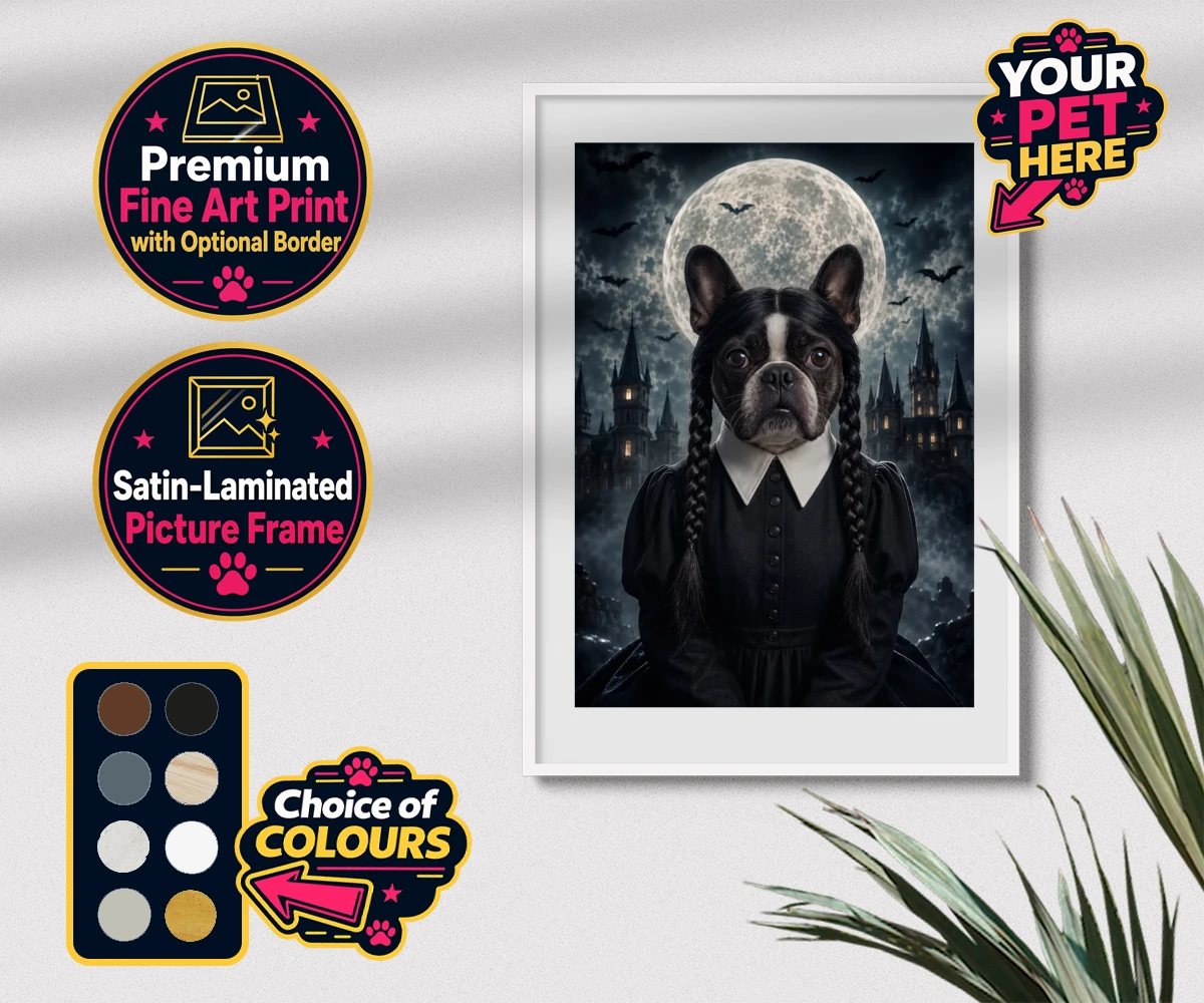 Personalised Gothic Paw Girl dog premium framed print featuring a stunning portrait that captures your beloved pooch in a delightfully
