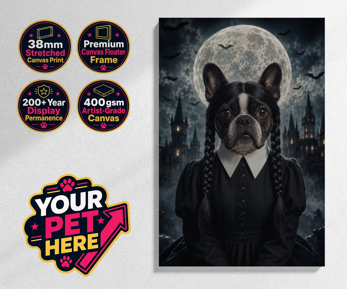 Personalised Gothic Paw Girl dog stretched canvas print featuring a stunning portrait that captures your beloved pooch in a delightfully