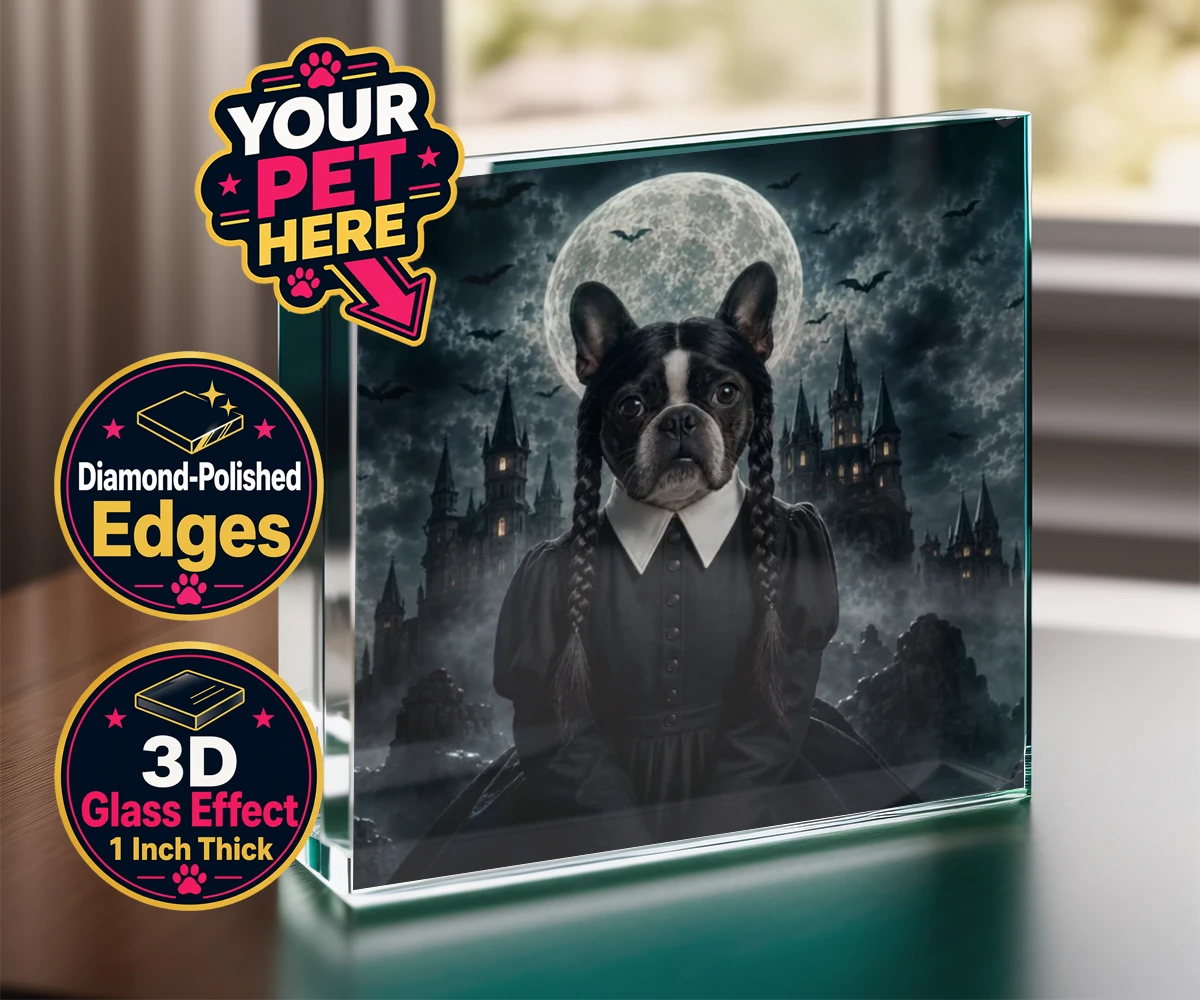 Personalised Gothic Paw Girl dog acrylic prisms featuring a stunning portrait that captures your beloved pooch in a delightfully