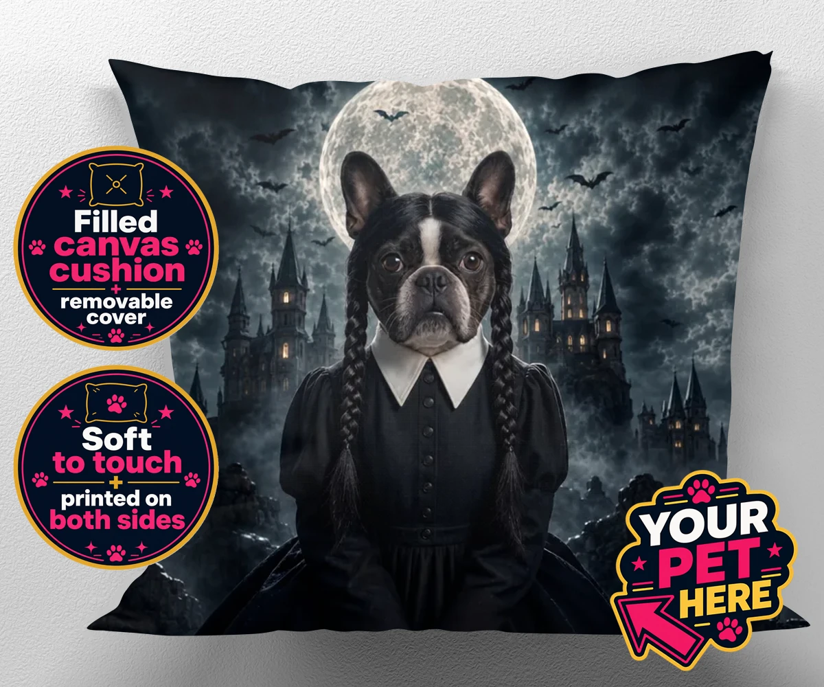 Personalised Gothic Paw Girl dog canvas cushions featuring a stunning portrait that captures your beloved pooch in a delightfully