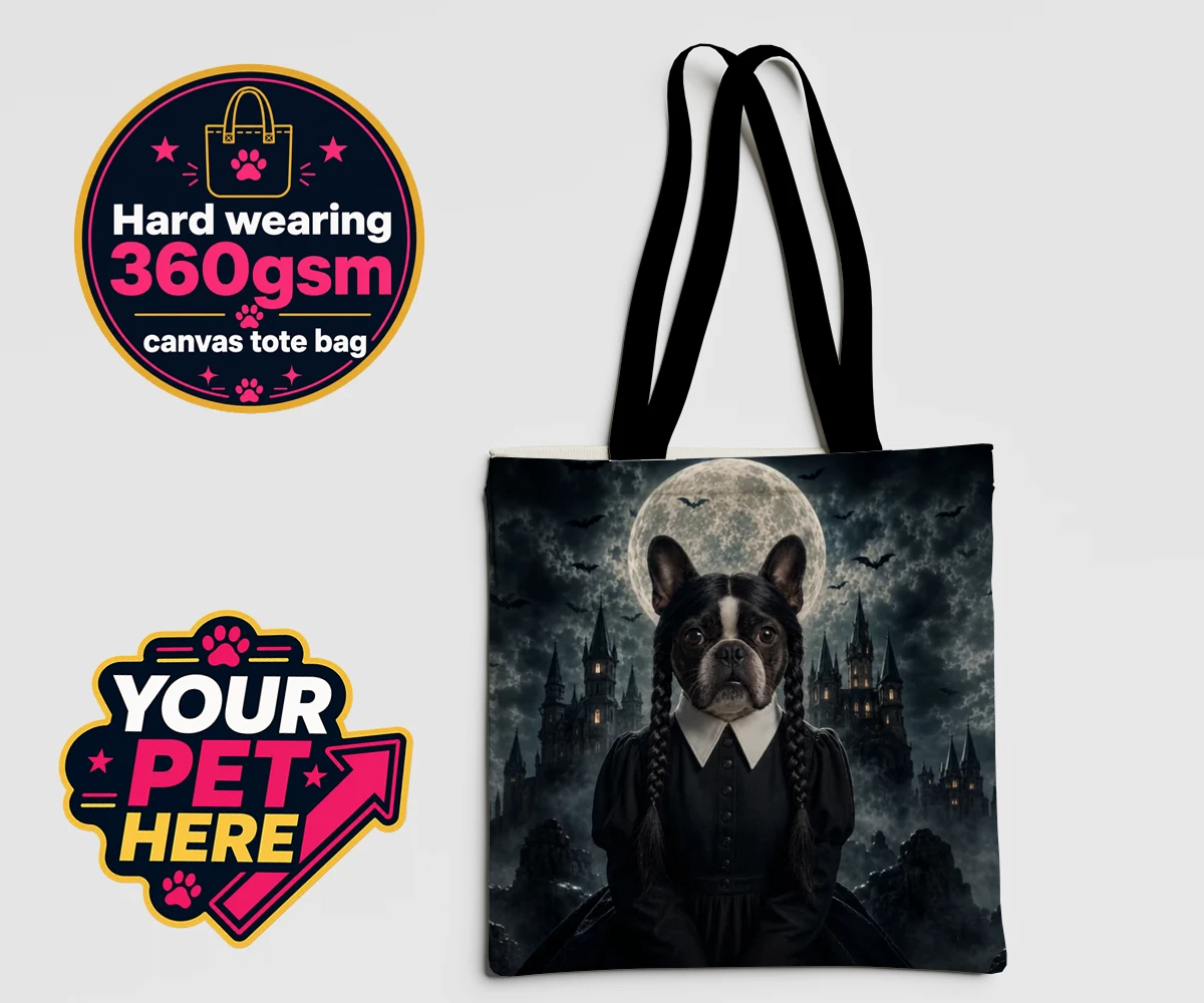 Personalised Gothic Paw Girl dog canvas tote bags featuring a stunning portrait that captures your beloved pooch in a delightfully