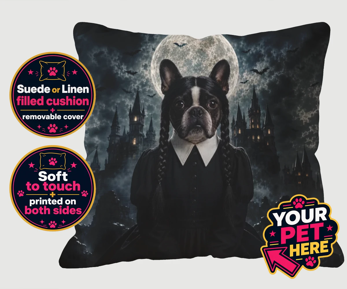 Personalised Gothic Paw Girl dog cushions featuring a stunning portrait that captures your beloved pooch in a delightfully