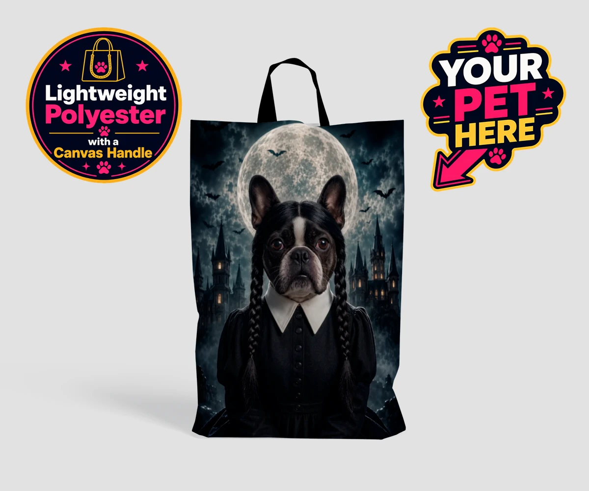 Personalised Gothic Paw Girl dog shopping bags featuring a stunning portrait that captures your beloved pooch in a delightfully
