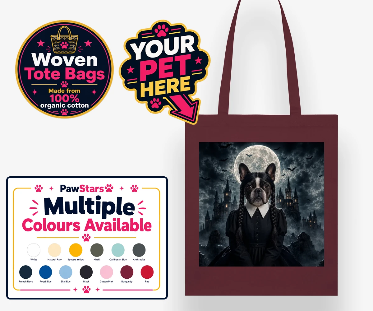 Personalised Gothic Paw Girl dog woven tote bags featuring a stunning portrait that captures your beloved pooch in a delightfully