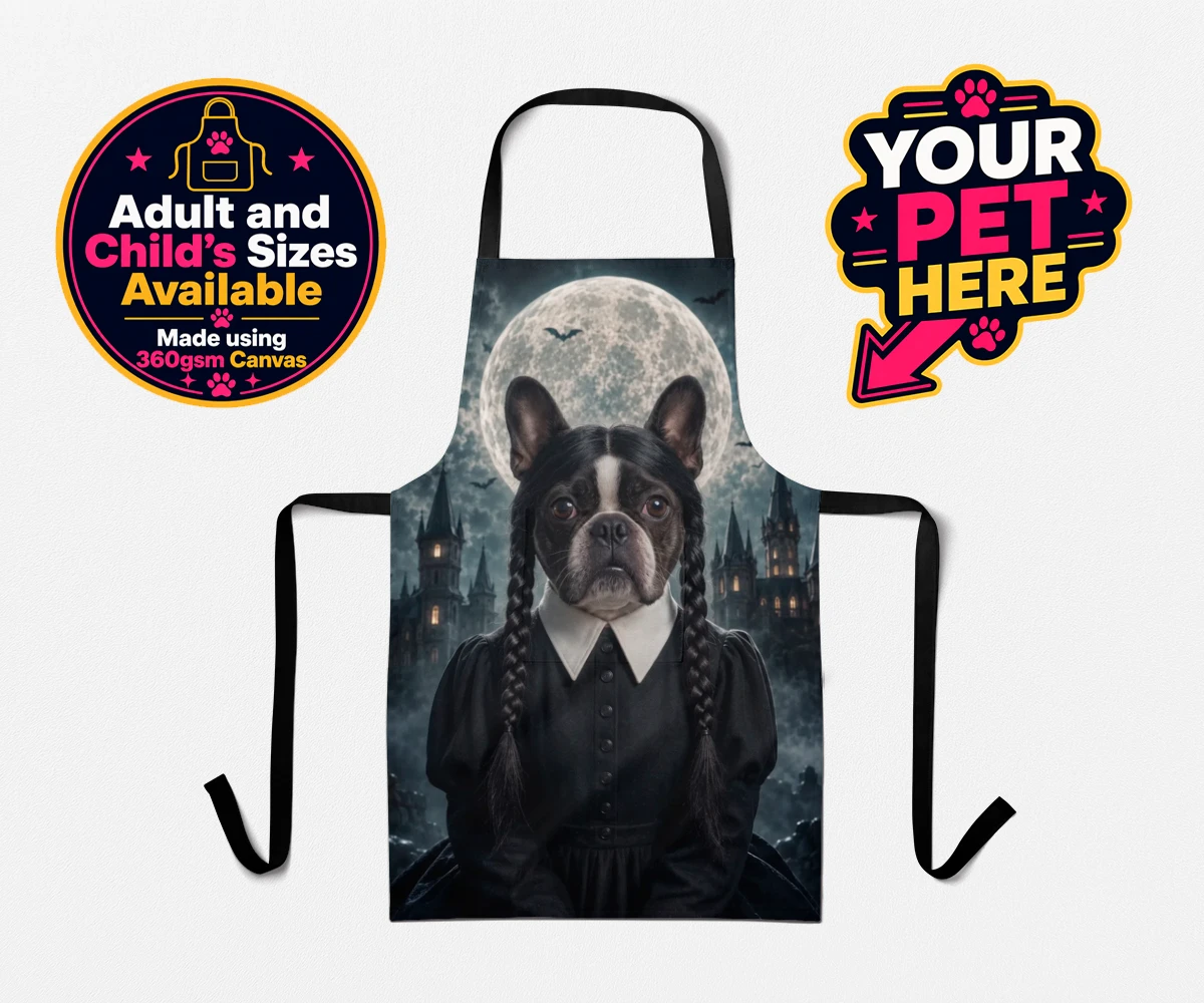 Personalised Gothic Paw Girl dog aprons featuring a stunning portrait that captures your beloved pooch in a delightfully