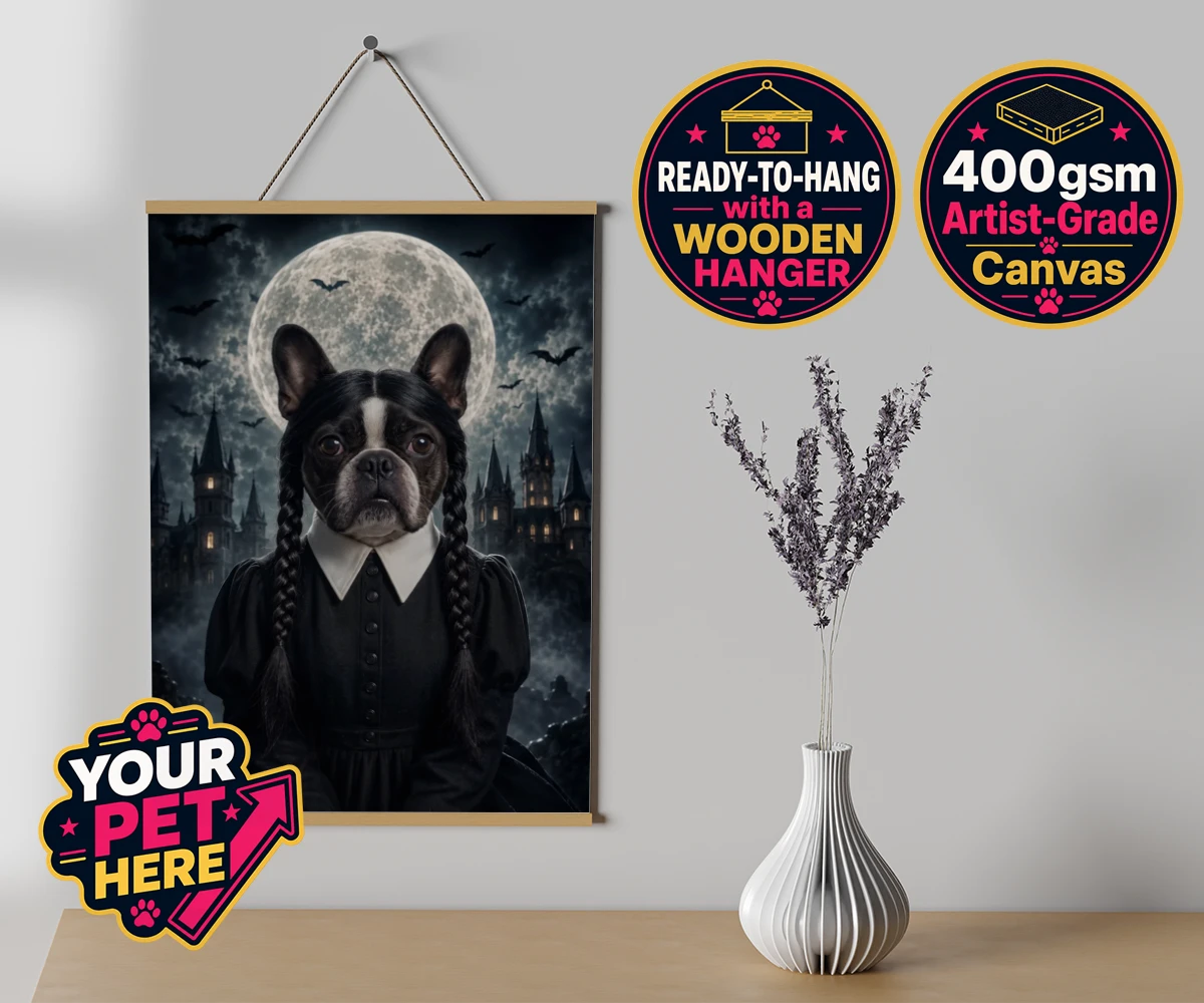 Personalised Gothic Paw Girl dog canvas poster prints with hanger featuring a stunning portrait that captures your beloved pooch in a delightfully