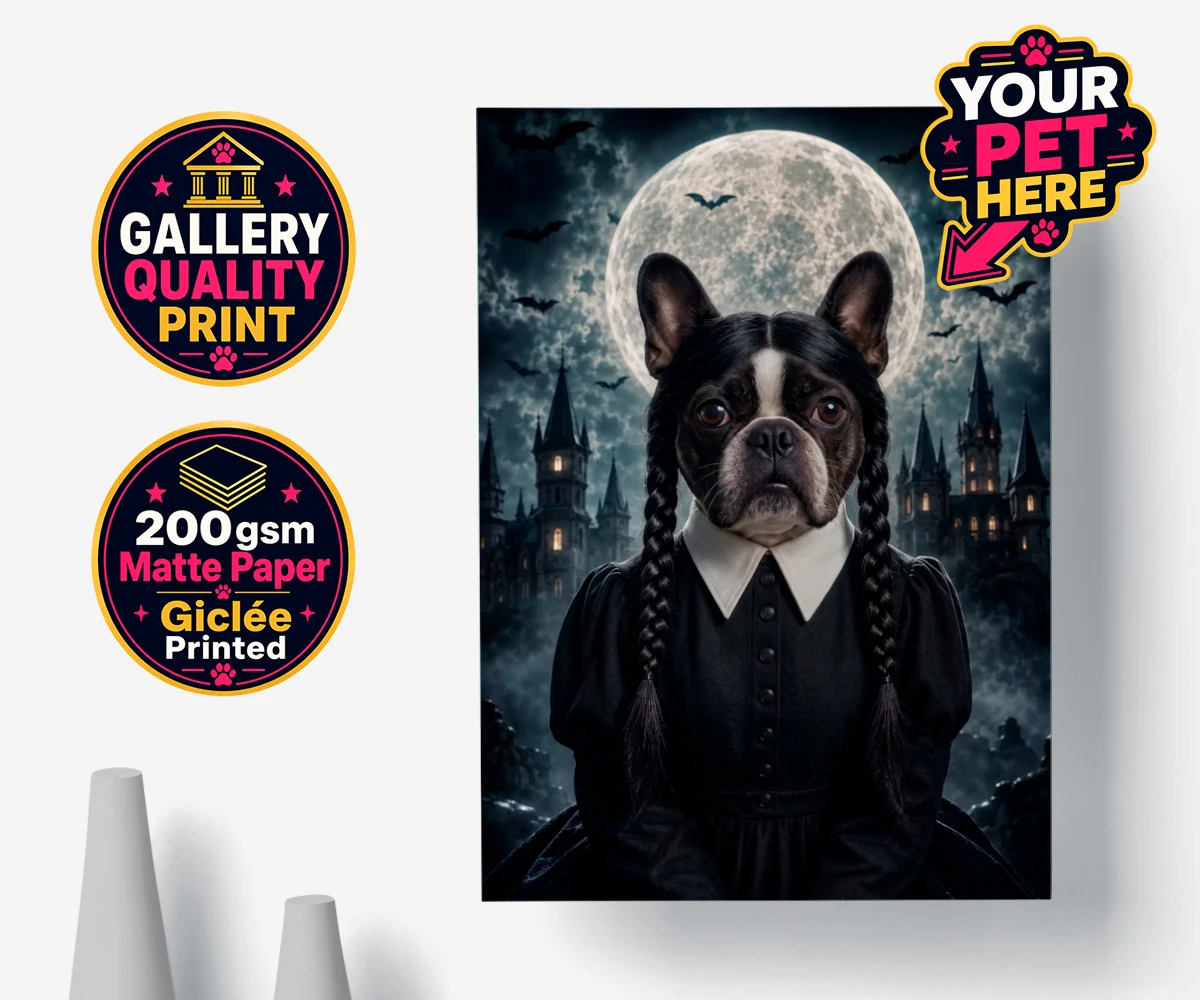 Personalised Gothic Paw Girl dog premium poster print featuring a stunning portrait that captures your beloved pooch in a delightfully