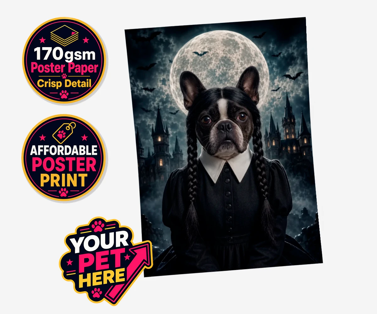 Personalised Gothic Paw Girl dog standard poster print featuring a stunning portrait that captures your beloved pooch in a delightfully