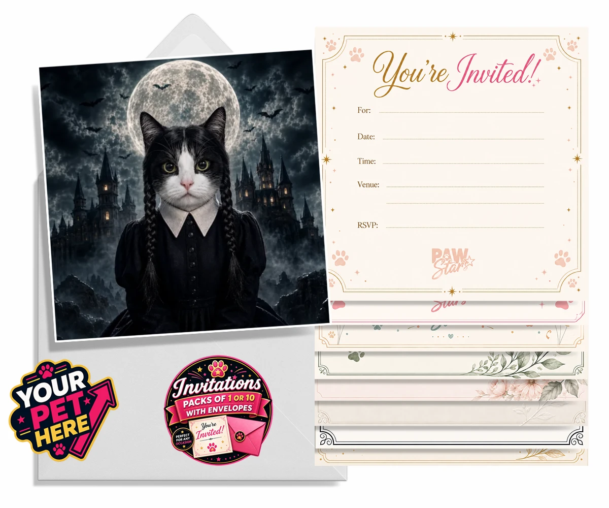 Personalised Gothic Paw Girl cat invitations featuring meet the enchanting Gothic Paw Girl, a bewitching character that trans