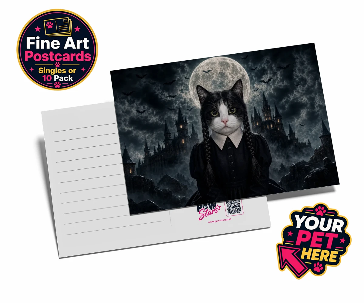 Personalised Gothic Paw Girl cat postcards featuring meet the enchanting Gothic Paw Girl, a bewitching character that trans