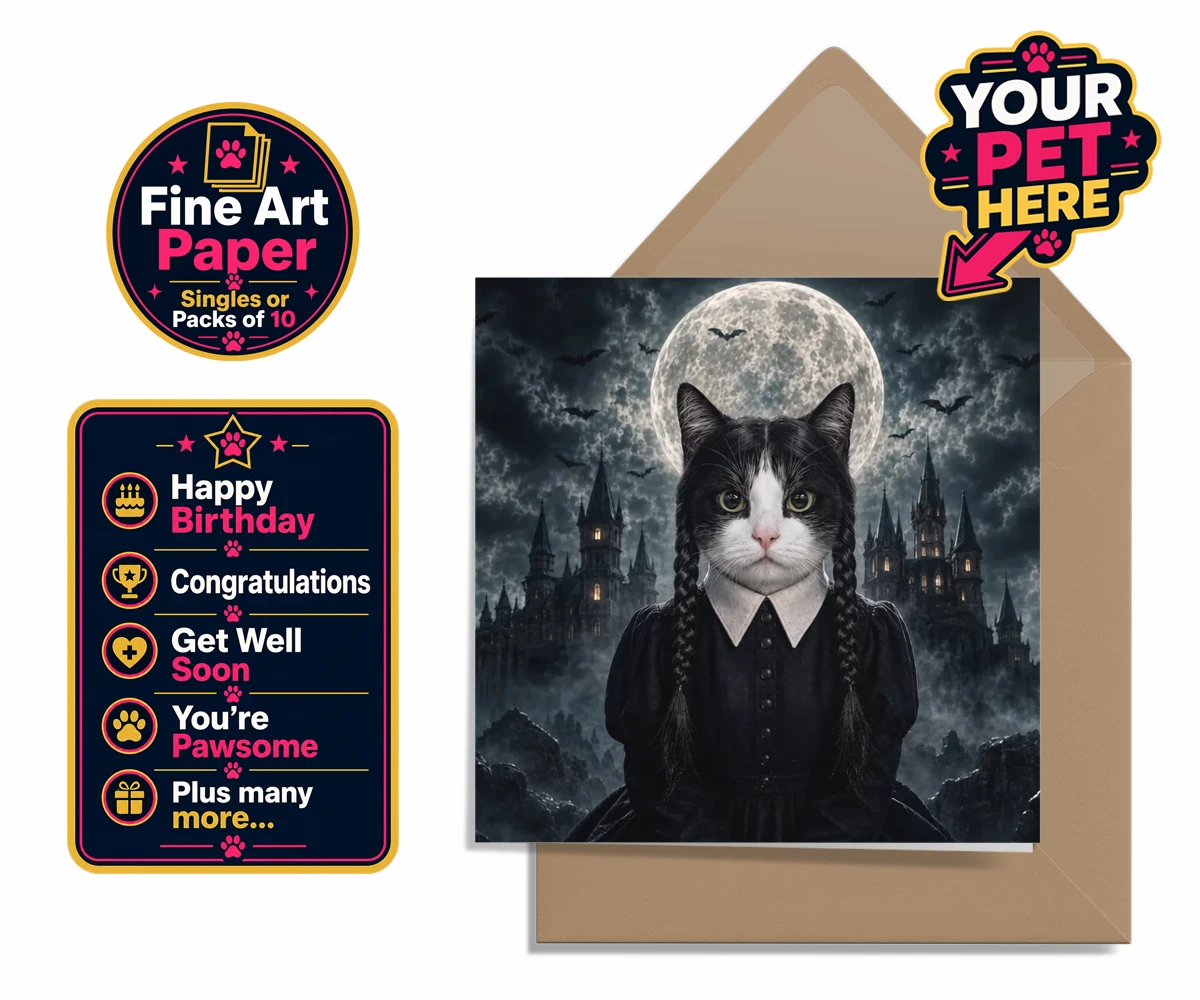 Personalised Gothic Paw Girl cat premium greetings cards featuring meet the enchanting Gothic Paw Girl, a bewitching character that trans