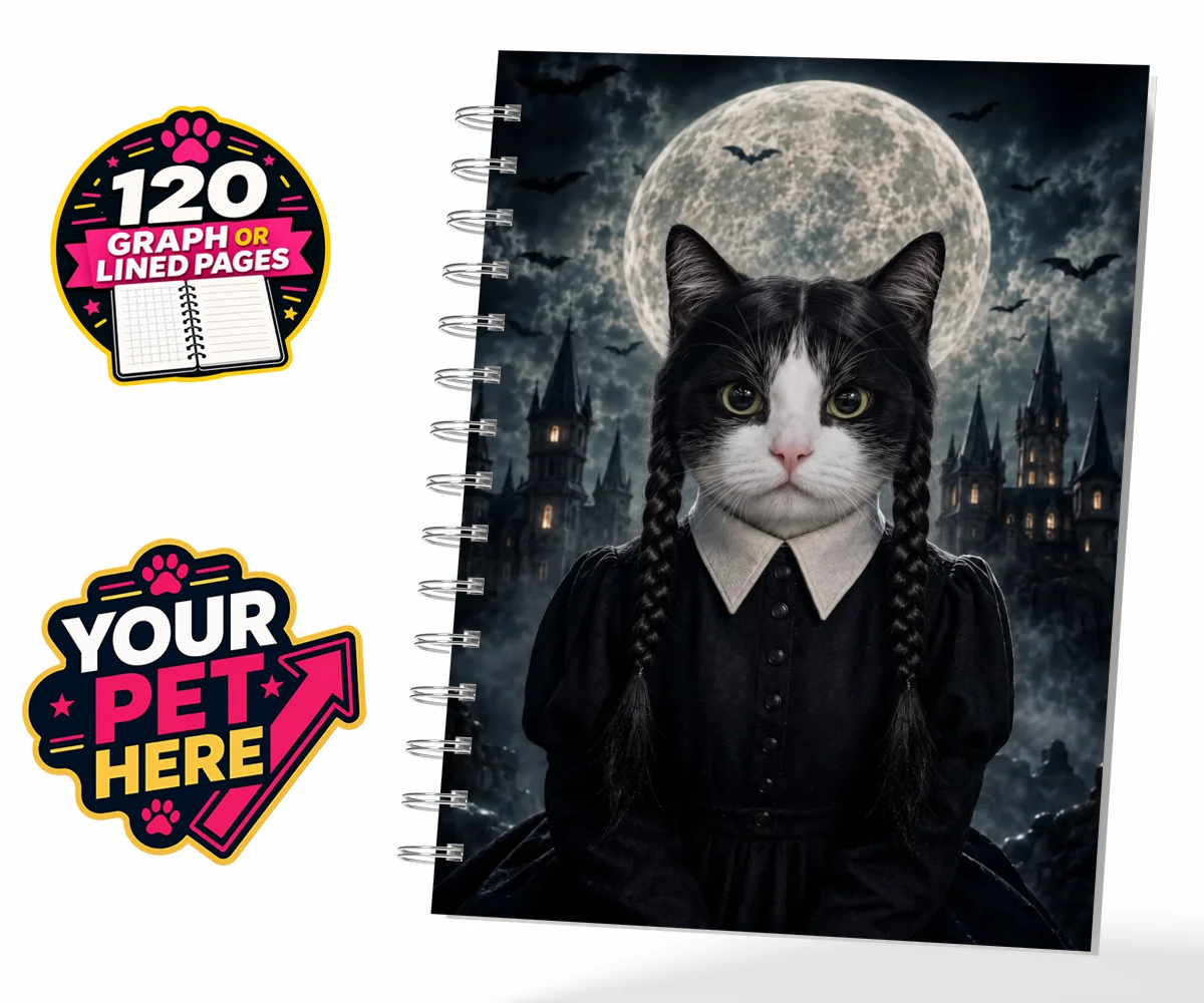 Personalised Gothic Paw Girl cat spiral notebook featuring meet the enchanting Gothic Paw Girl, a bewitching character that trans