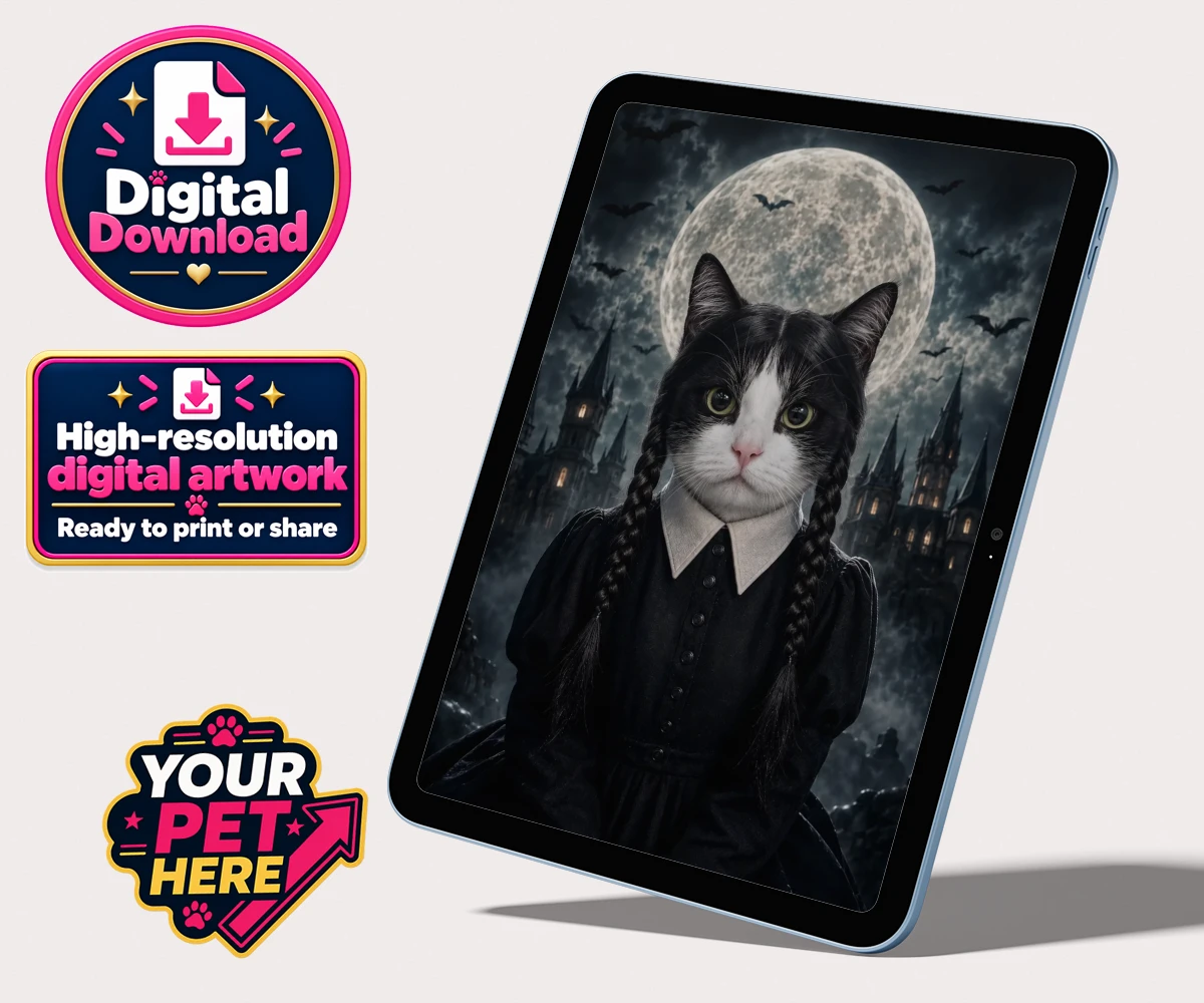 Personalised digital portrait of Gothic Paw Girl cat with black dress and braided hair against a full moon backdrop