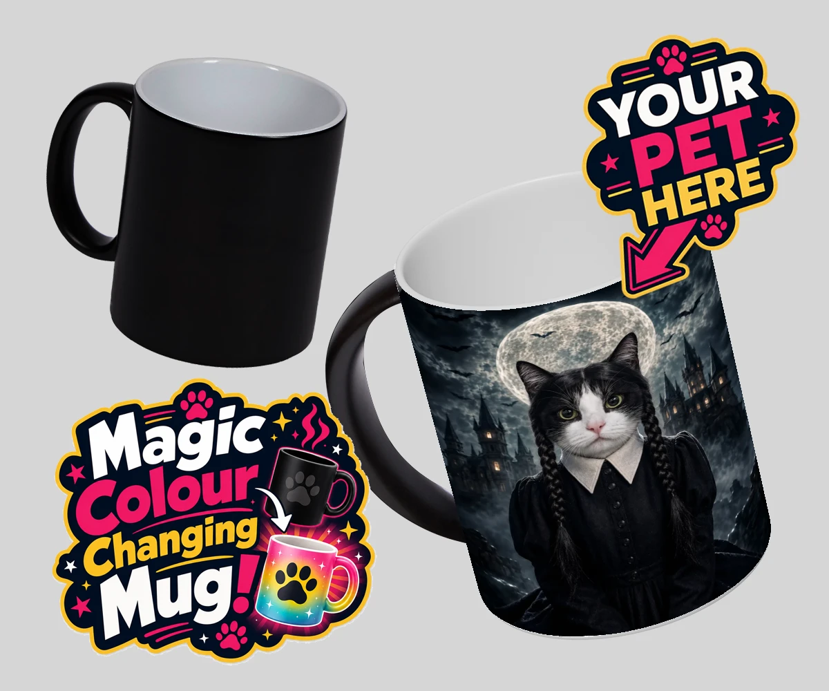 Personalised Gothic Paw Girl cat magic photo mugs featuring meet the enchanting Gothic Paw Girl, a bewitching character that trans