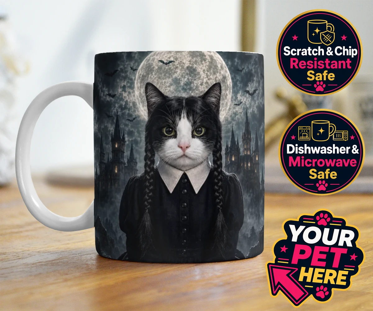 Personalised Gothic Paw Girl cat photo mugs featuring meet the enchanting Gothic Paw Girl, a bewitching character that trans