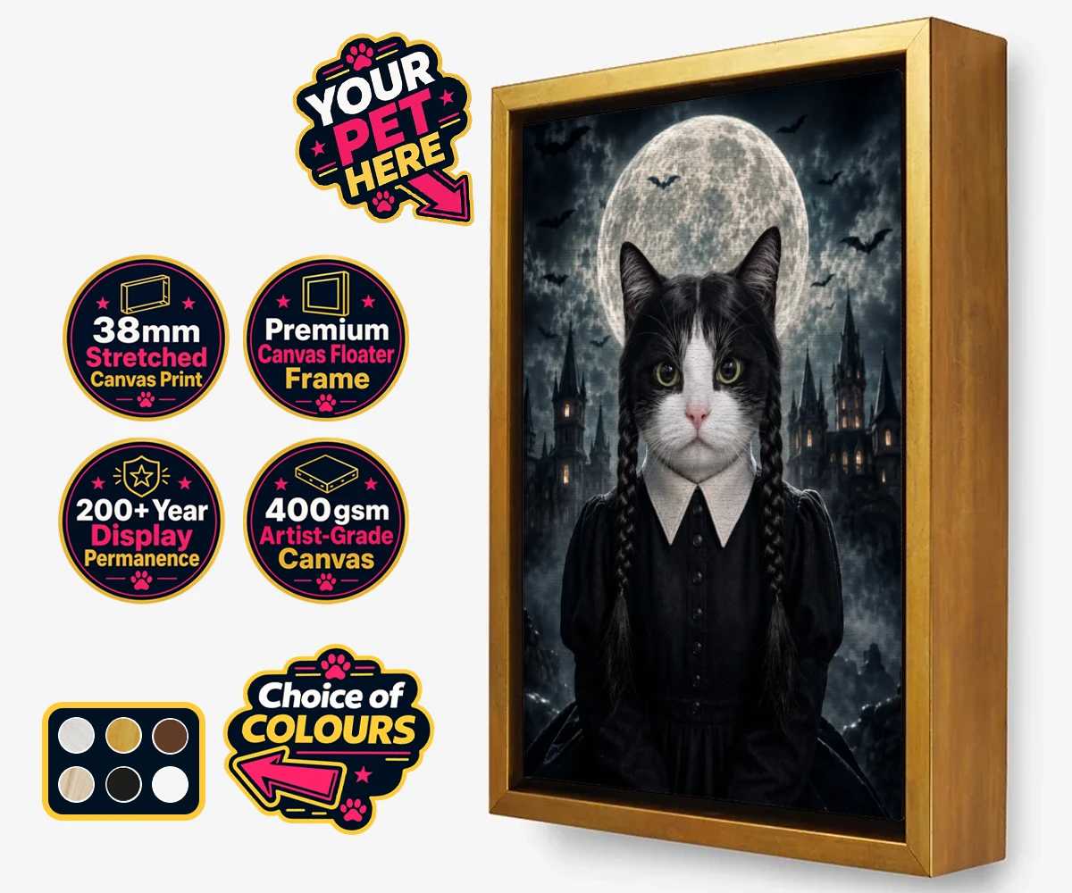 Personalised Gothic Paw Girl cat framed canvas print featuring meet the enchanting Gothic Paw Girl, a bewitching character that trans
