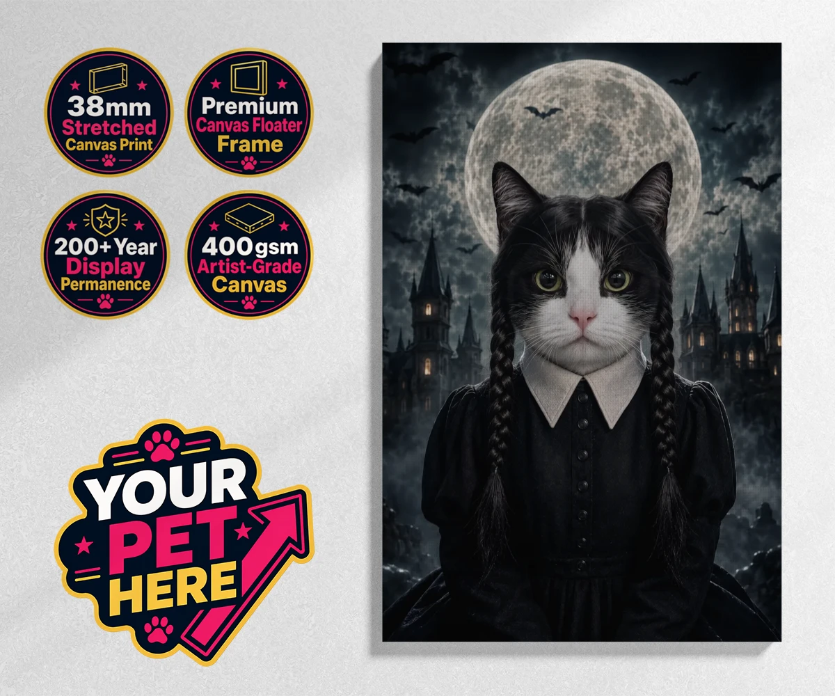 Personalised Gothic Paw Girl cat stretched canvas print featuring meet the enchanting Gothic Paw Girl, a bewitching character that trans