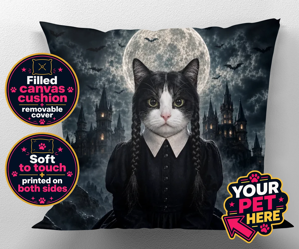 Personalised Gothic Paw Girl cat canvas cushions featuring meet the enchanting Gothic Paw Girl, a bewitching character that trans