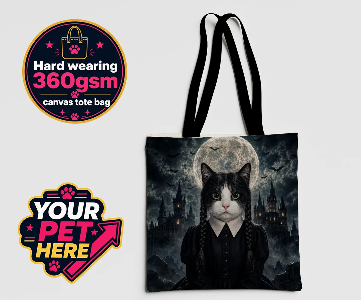Personalised Gothic Paw Girl cat canvas tote bags featuring meet the enchanting Gothic Paw Girl, a bewitching character that trans