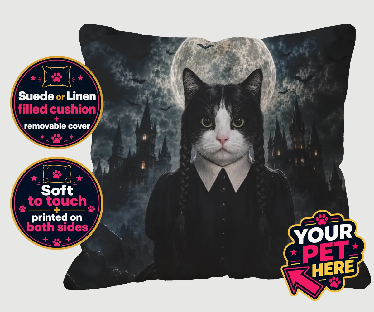 Personalised Gothic Paw Girl cat cushions featuring meet the enchanting Gothic Paw Girl, a bewitching character that trans
