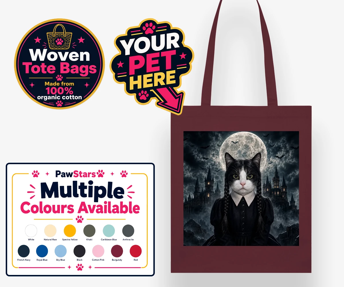 Personalised Gothic Paw Girl cat woven tote bags featuring meet the enchanting Gothic Paw Girl, a bewitching character that trans