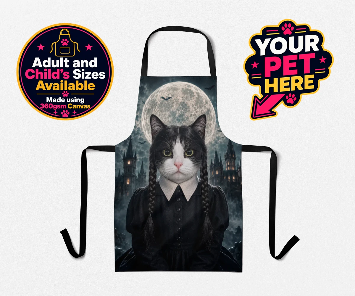 Personalised Gothic Paw Girl cat aprons featuring meet the enchanting Gothic Paw Girl, a bewitching character that trans