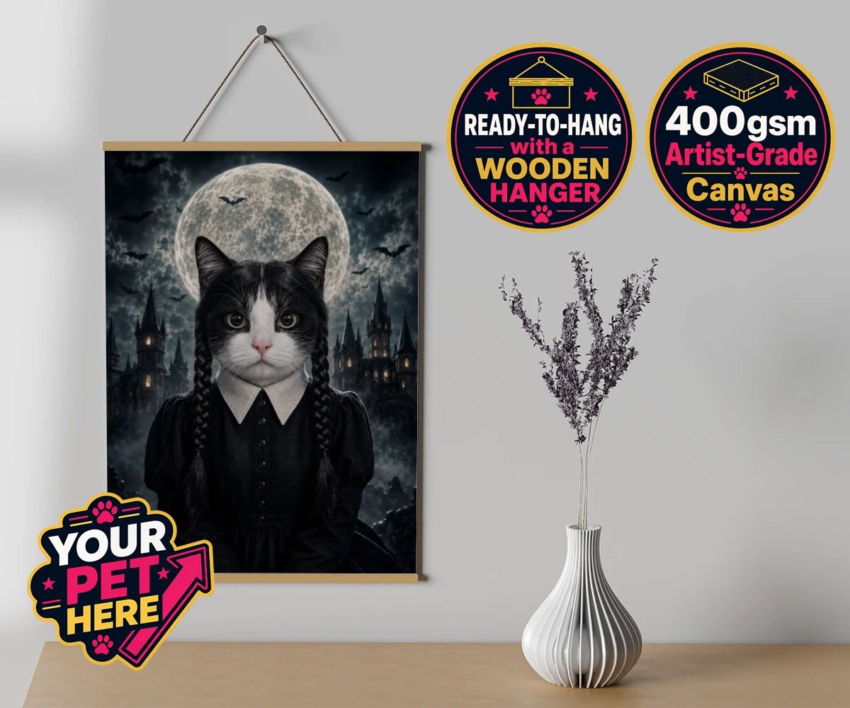 Personalised Gothic Paw Girl cat canvas poster prints with hanger featuring meet the enchanting Gothic Paw Girl, a bewitching character that trans