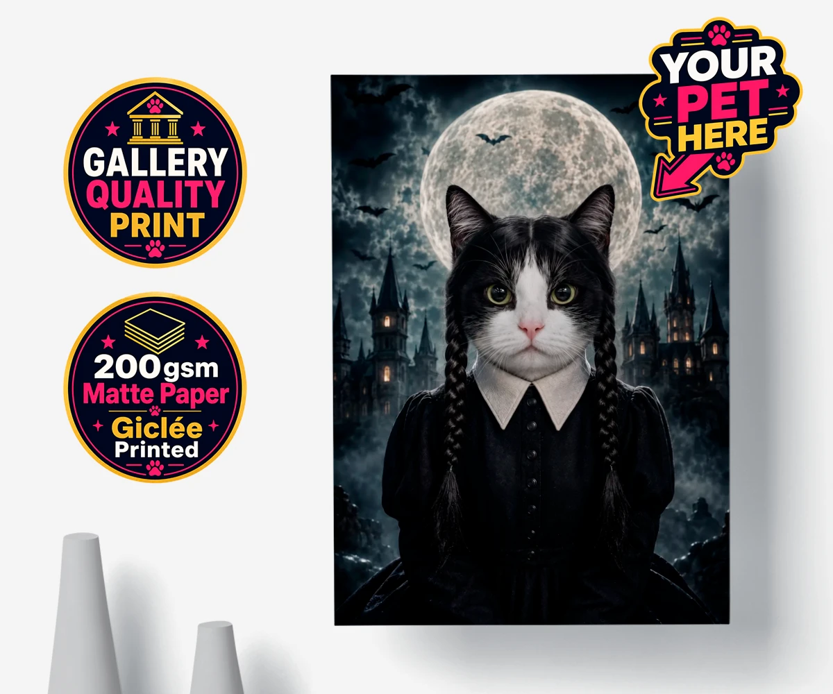 Personalised Gothic Paw Girl cat premium poster print featuring meet the enchanting Gothic Paw Girl, a bewitching character that trans