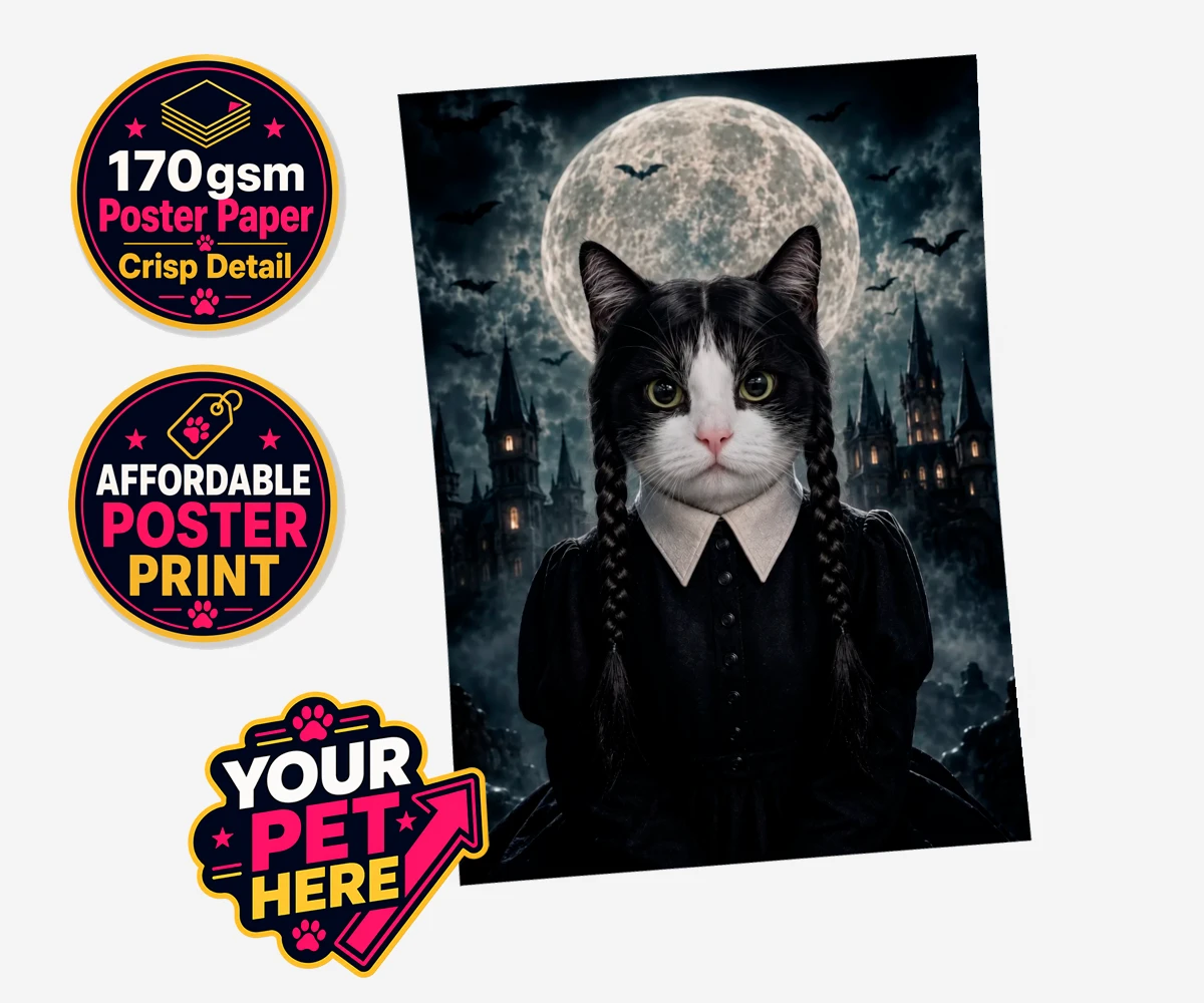 Personalised Gothic Paw Girl cat standard poster print featuring meet the enchanting Gothic Paw Girl, a bewitching character that trans