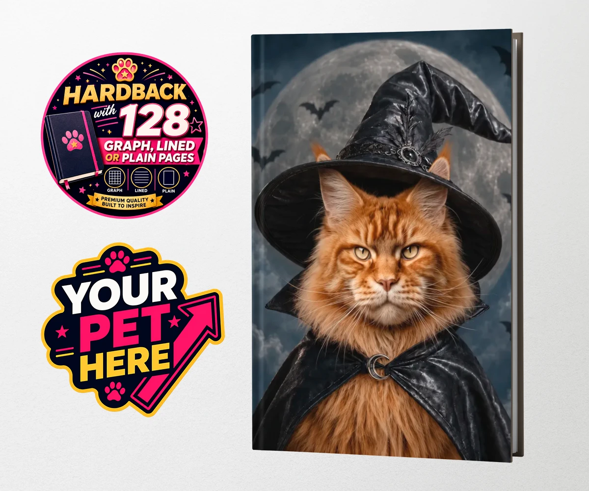 Personalised Paw Witch cat hardback notebooks featuring meet the enchanting Paw Witch, a delightful custom portrait that bring