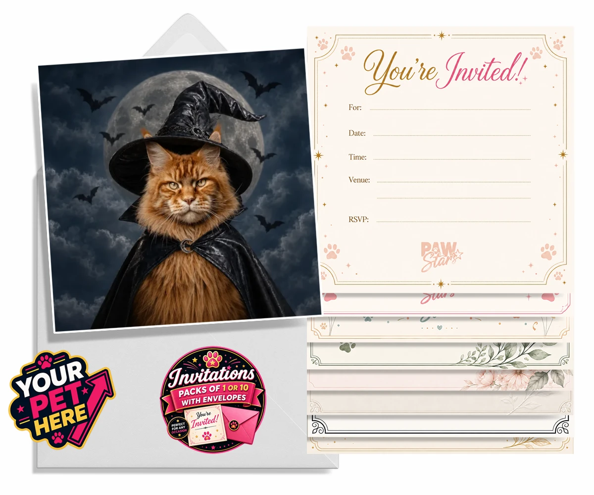 Personalised Paw Witch cat invitations featuring meet the enchanting Paw Witch, a delightful custom portrait that bring