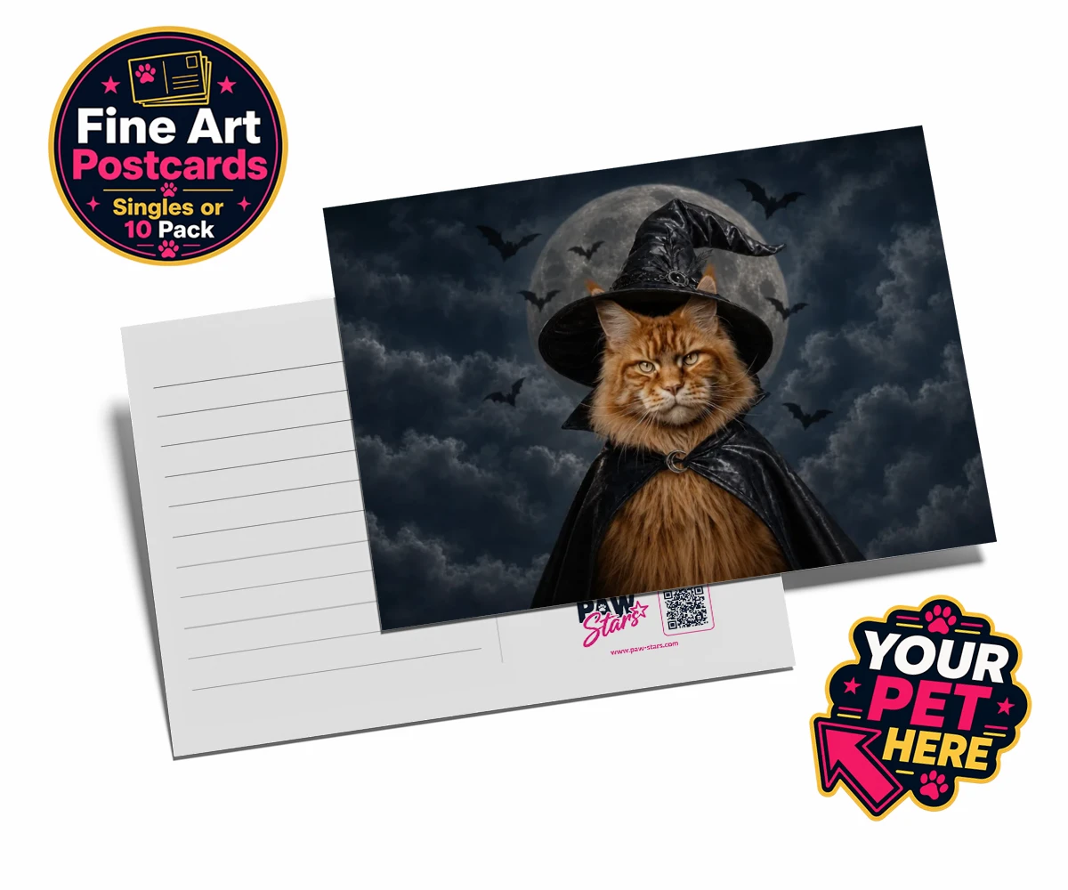 Personalised Paw Witch cat postcards featuring meet the enchanting Paw Witch, a delightful custom portrait that bring