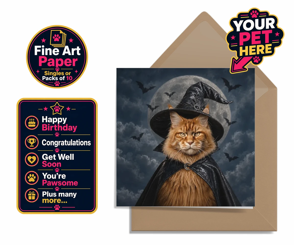 Personalised Paw Witch cat premium greetings cards featuring meet the enchanting Paw Witch, a delightful custom portrait that bring