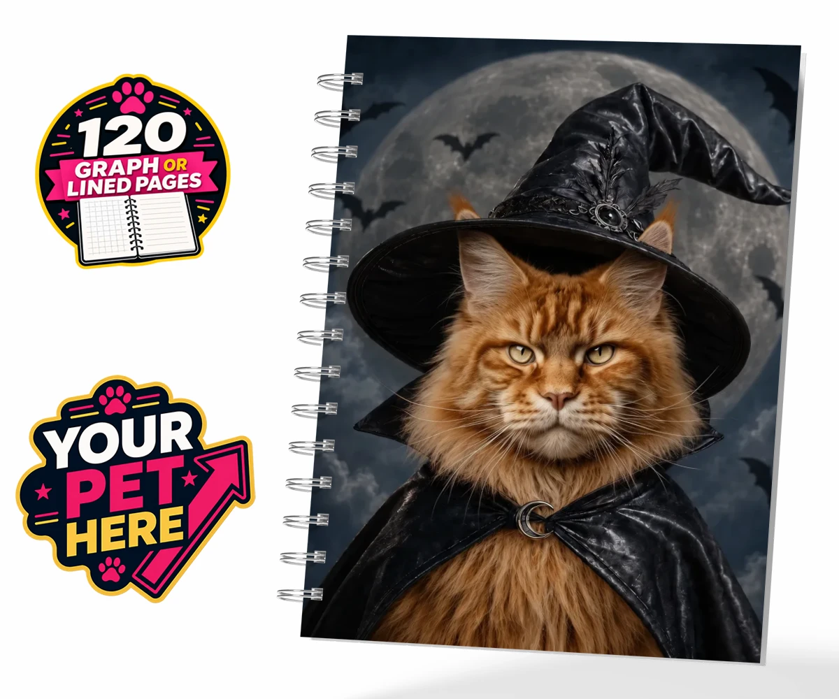Personalised Paw Witch cat spiral notebook featuring meet the enchanting Paw Witch, a delightful custom portrait that bring