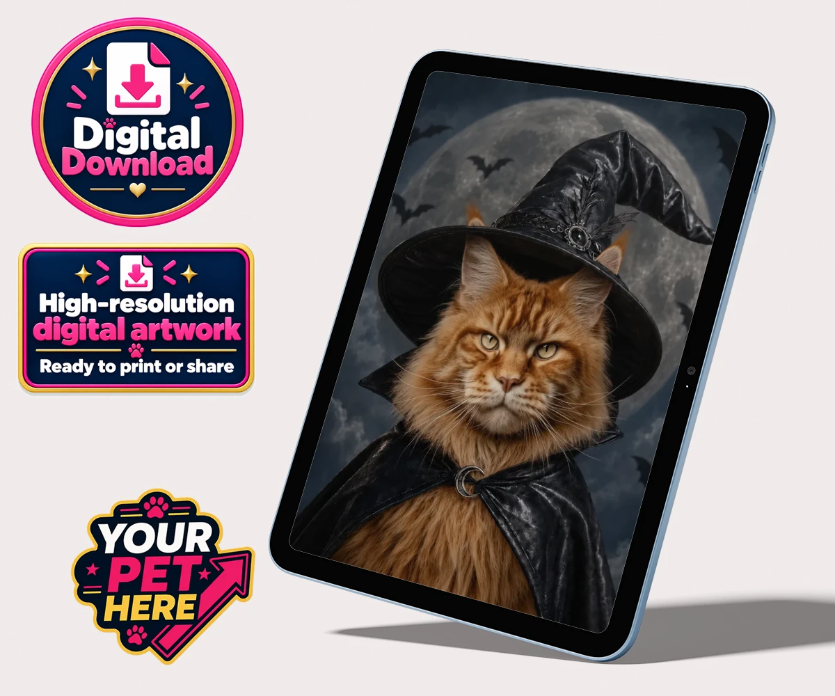 Personalised digital portrait of Paw Witch cat with a black witch's hat against a full moon backdrop.