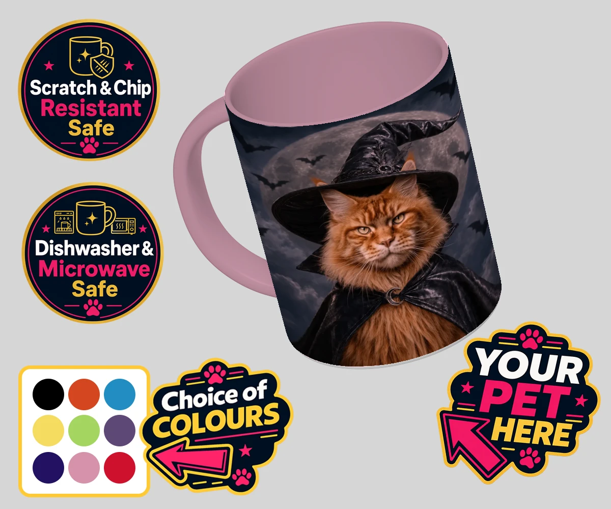Personalised Paw Witch cat coloured photo mugs featuring meet the enchanting Paw Witch, a delightful custom portrait that bring