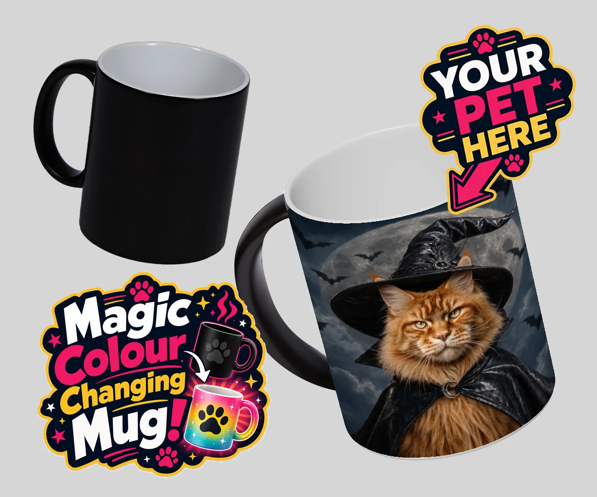 Personalised Paw Witch cat magic photo mugs featuring meet the enchanting Paw Witch, a delightful custom portrait that bring