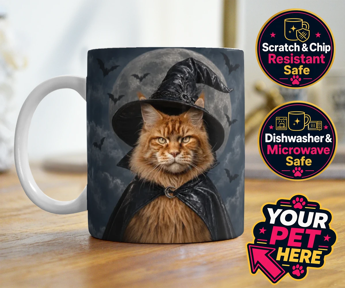 Personalised Paw Witch cat photo mugs featuring meet the enchanting Paw Witch, a delightful custom portrait that bring