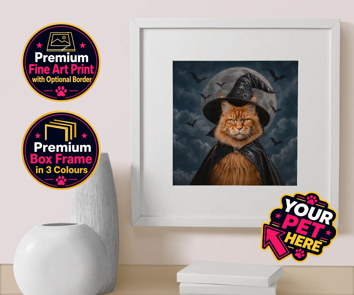 Personalised Paw Witch cat box framed print featuring meet the enchanting Paw Witch, a delightful custom portrait that bring