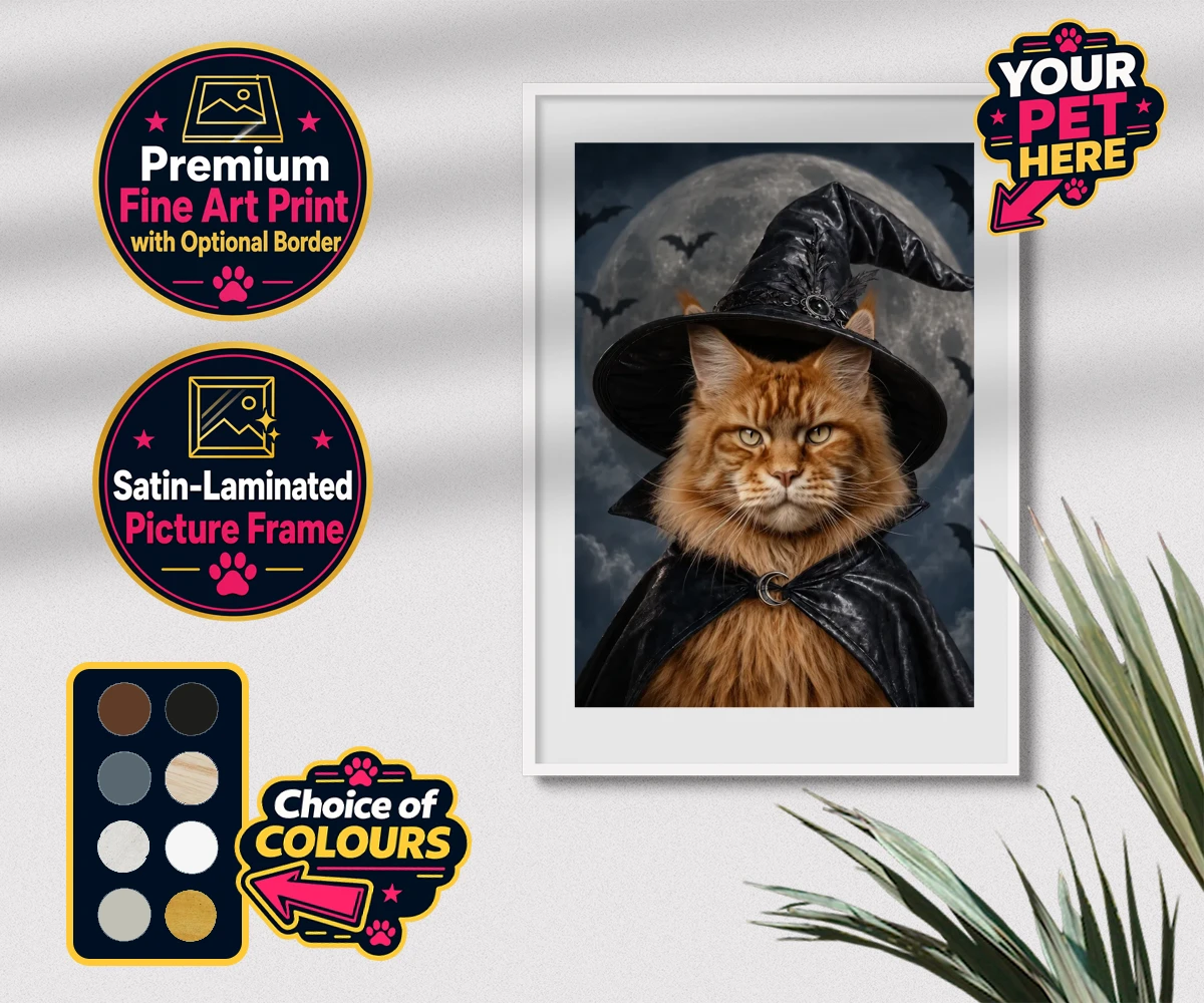 Personalised Paw Witch cat premium framed print featuring meet the enchanting Paw Witch, a delightful custom portrait that bring