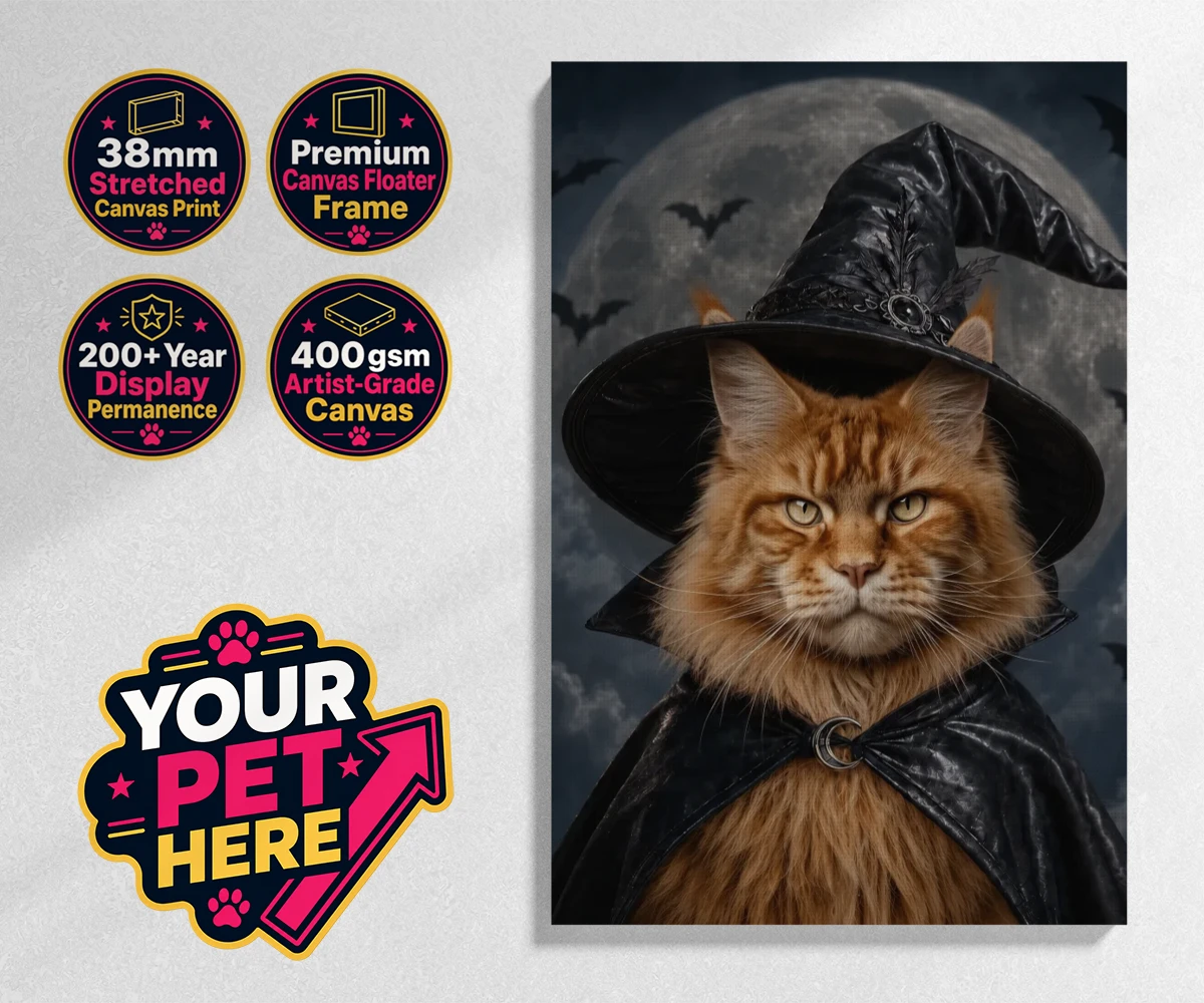 Personalised Paw Witch cat stretched canvas print featuring meet the enchanting Paw Witch, a delightful custom portrait that bring