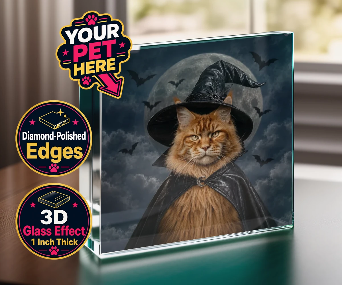Personalised Paw Witch cat acrylic prisms featuring meet the enchanting Paw Witch, a delightful custom portrait that bring